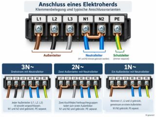 Grobes Schema: Typische Herdanschlussleiste mit den Anschlussvarianten 3N~, 2N~ und 1N~ einschließlich der jeweils erforderlichen Brücken.